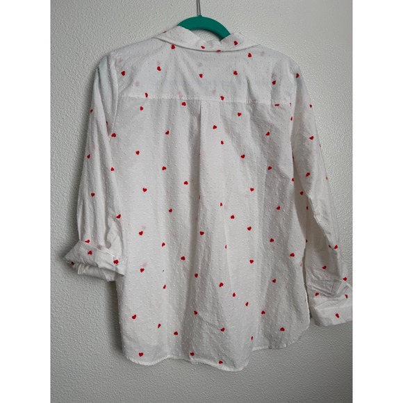 LOFT Womens White Dobby Heart Embroidered Button Down Shirt Size M Red Hearts - Picture 10 of 12